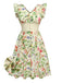 Gelb 1950er Blumen Vögel Rüschen Flatterärmel Kleid