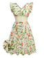 Gelb 1950er Blumen Vögel Rüschen Flatterärmel Kleid