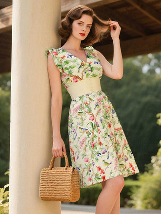 Gelb 1950er Blumen Vögel Rüschen Flatterärmel Kleid