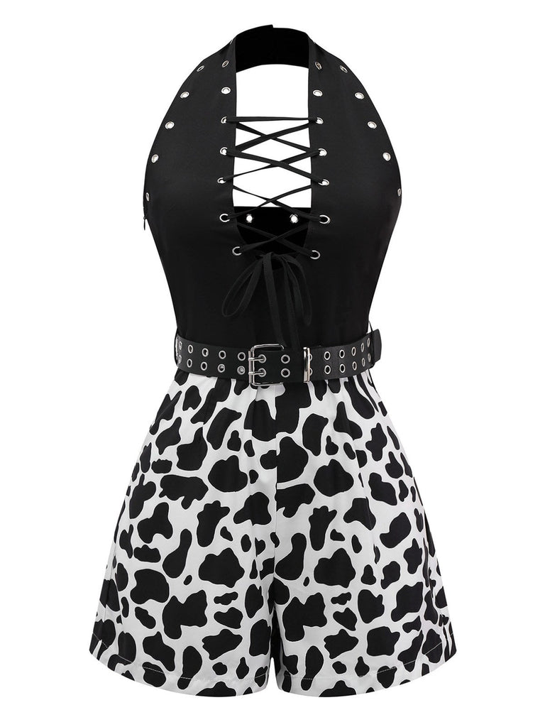 Schwarz 1980er Punk Halter Hohl Kuh-Muster Romper