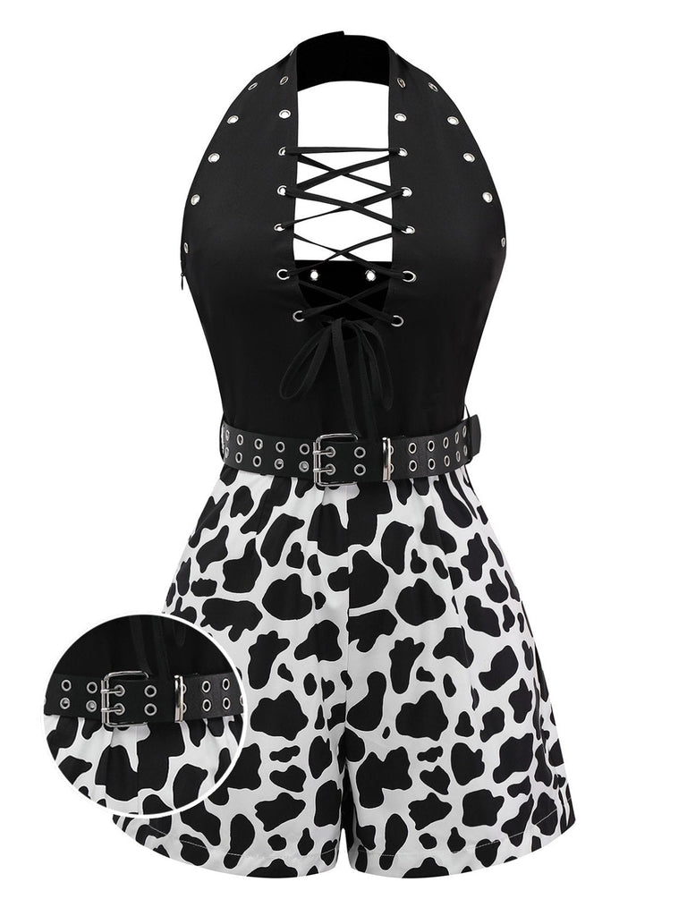 Schwarz 1980er Punk Halter Hohl Kuh-Muster Romper