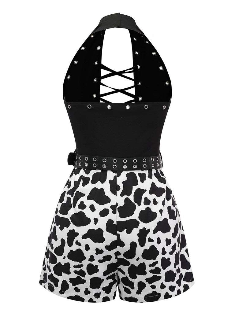Schwarz 1980er Punk Halter Hohl Kuh-Muster Romper