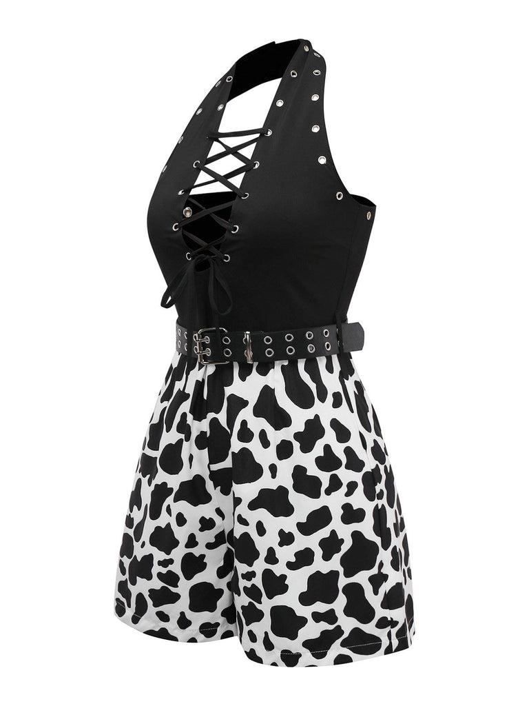 Schwarz 1980er Punk Halter Hohl Kuh-Muster Romper
