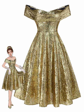 [Vorverkauf] Gold 1950er Schulterfrei Pailletten Swing Kleid