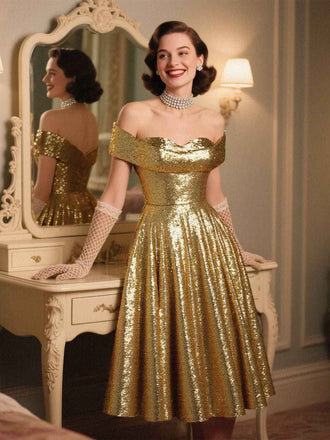 [Vorverkauf] Gold 1950er Schulterfrei Pailletten Swing Kleid