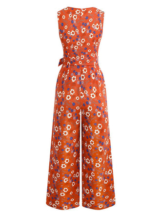 1950er Baumwolle Ärmellos Überall Blumen Gürtel Jumpsuit