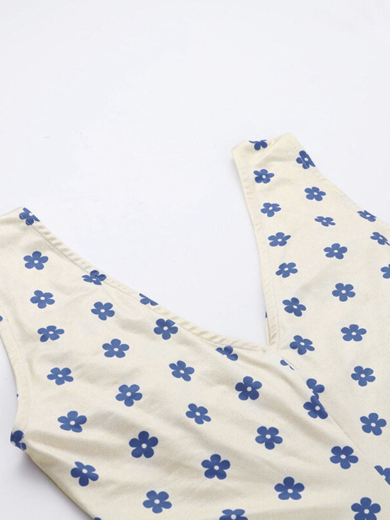 Blau & Aprikose 1960er Blumen Breiter Träger Tief V-Ausschnitt Kleid