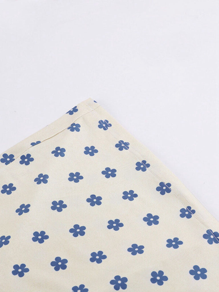 Blau & Aprikose 1960er Blumen Breiter Träger Tief V-Ausschnitt Kleid