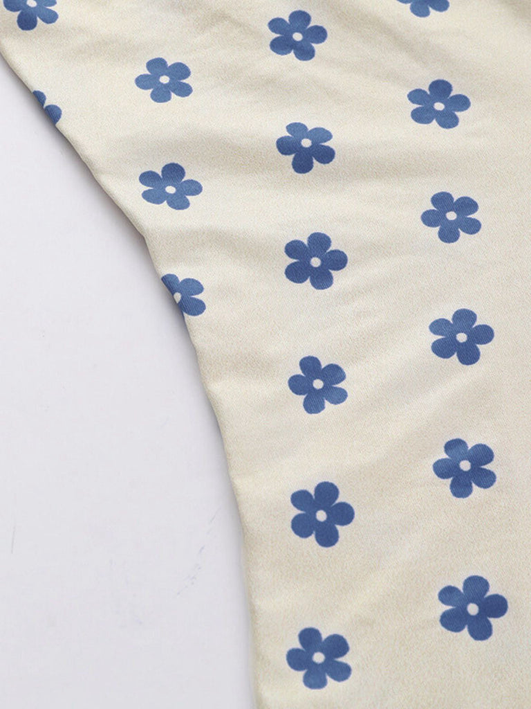 Blau & Aprikose 1960er Blumen Breiter Träger Tief V-Ausschnitt Kleid