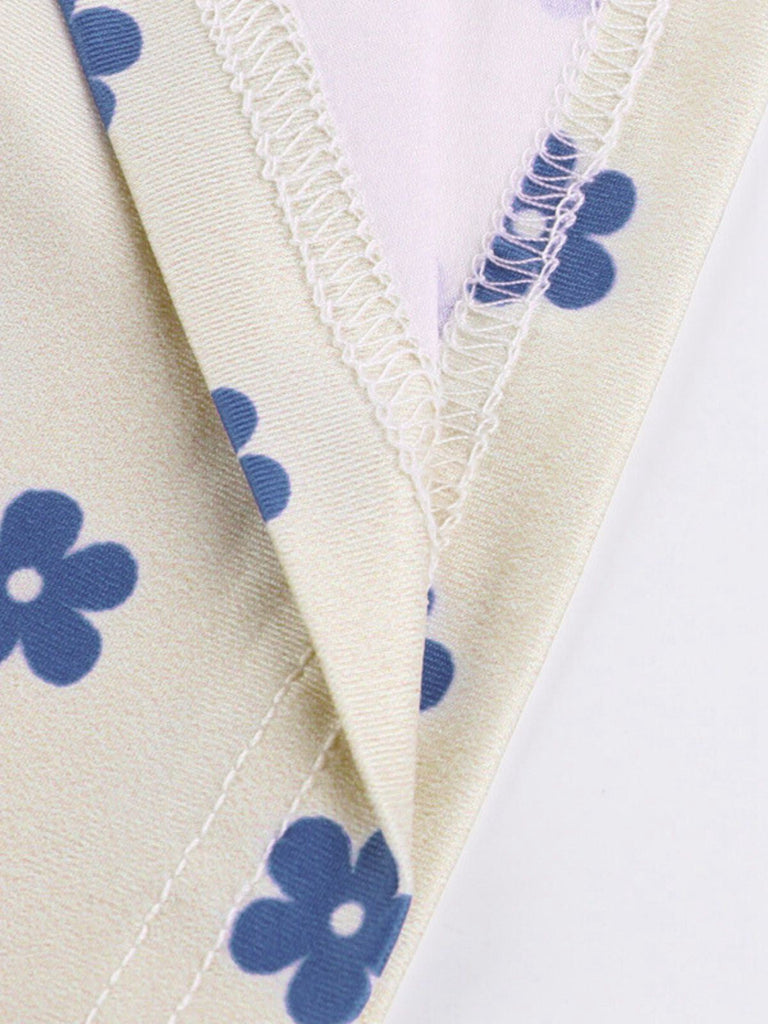Blau & Aprikose 1960er Blumen Breiter Träger Tief V-Ausschnitt Kleid