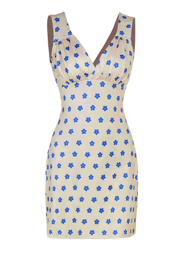 Blau & Aprikose 1960er Blumen Breiter Träger Tief V-Ausschnitt Kleid