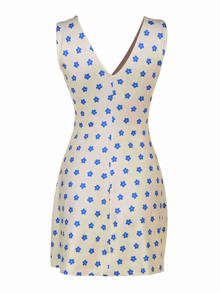 Blau & Aprikose 1960er Blumen Breiter Träger Tief V-Ausschnitt Kleid
