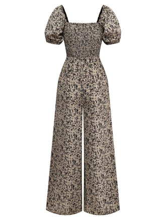 Braun 1930er Kleine Blumen Puffärmel Jumpsuit