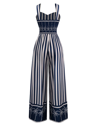 Blau 1930er Vertikale Streifen Palme Bäume Jumpsuit
