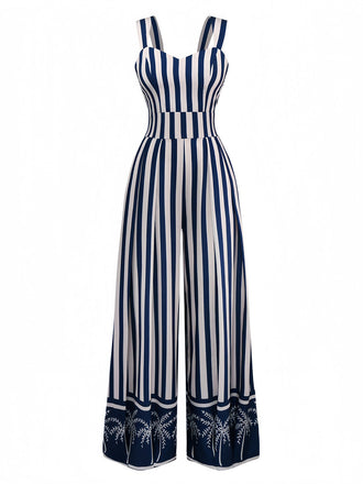 Blau 1930er Vertikale Streifen Palme Bäume Jumpsuit