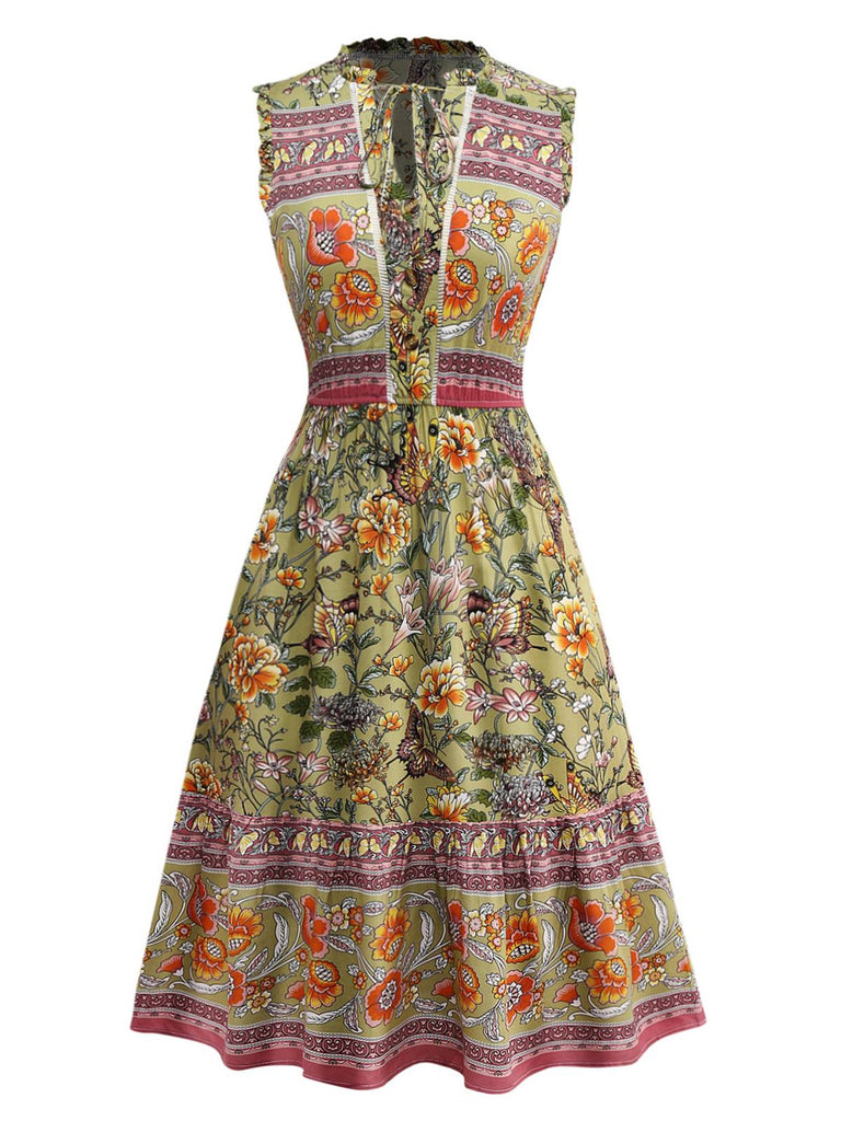 Grün 1970er Boho Style Schmetterling Blumen Kleid