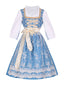 3PCS Blau 1950er Oktoberfest Dirndl Blumen Rüschen Top & Schnürung Kleid