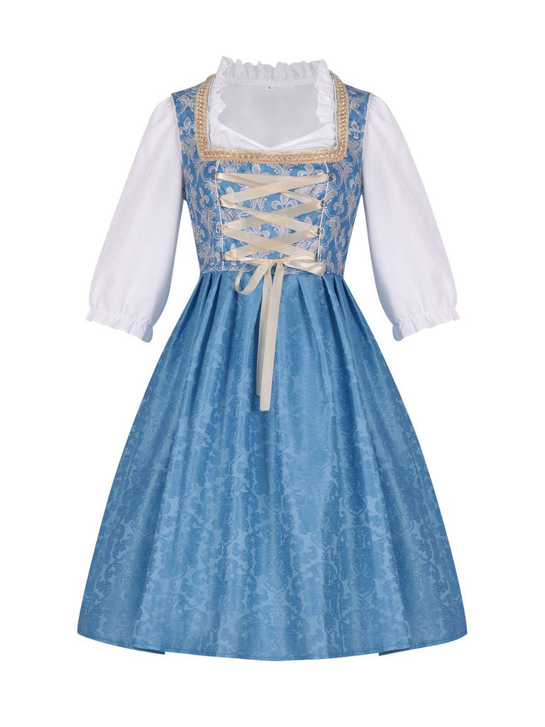 3PCS Blau 1950er Oktoberfest Dirndl Blumen Rüschen Top & Schnürung Kleid