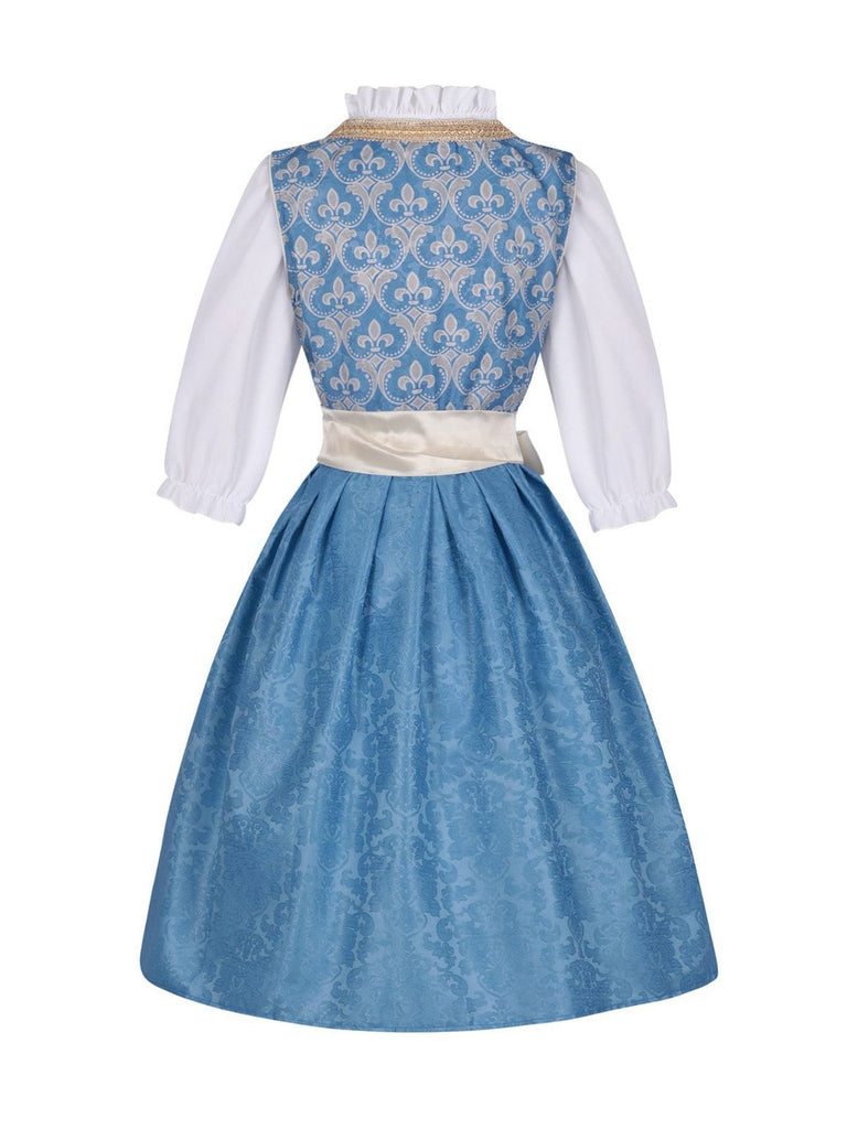 3PCS Blau 1950er Oktoberfest Dirndl Blumen Rüschen Top & Schnürung Kleid