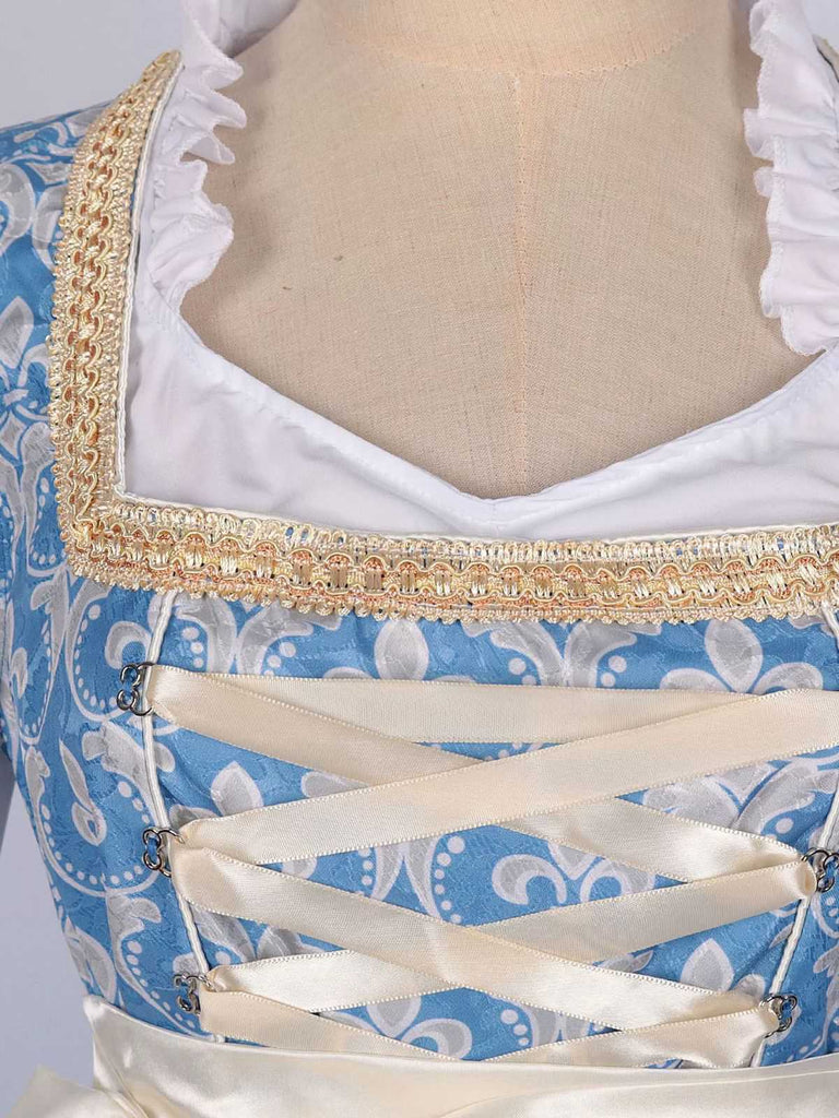 3PCS Blau 1950er Oktoberfest Dirndl Blumen Rüschen Top & Schnürung Kleid