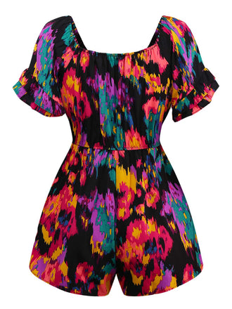 Multicolor 1960er Abstrakt Farben Rüschen Schulterfrei Romper