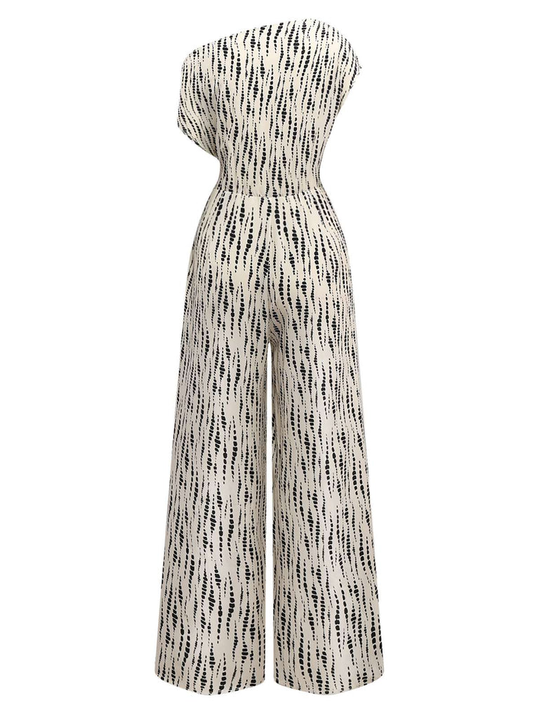 Weiß 1940er Tinte Flecken Schräg Ausschnitt Jumpsuit
