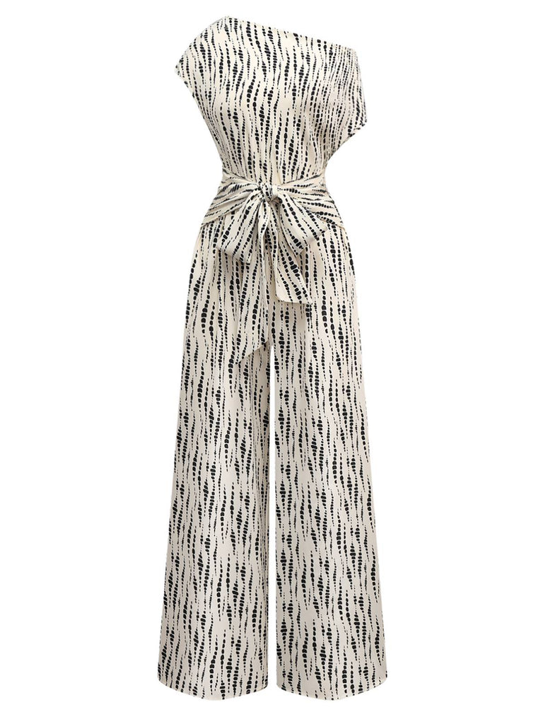 Weiß 1940er Tinte Flecken Schräg Ausschnitt Jumpsuit