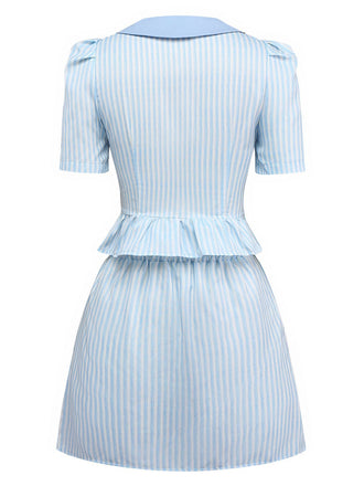 2PCS 1960er Vertikal Streifen Peter Pan Kragen Bluse & Rock