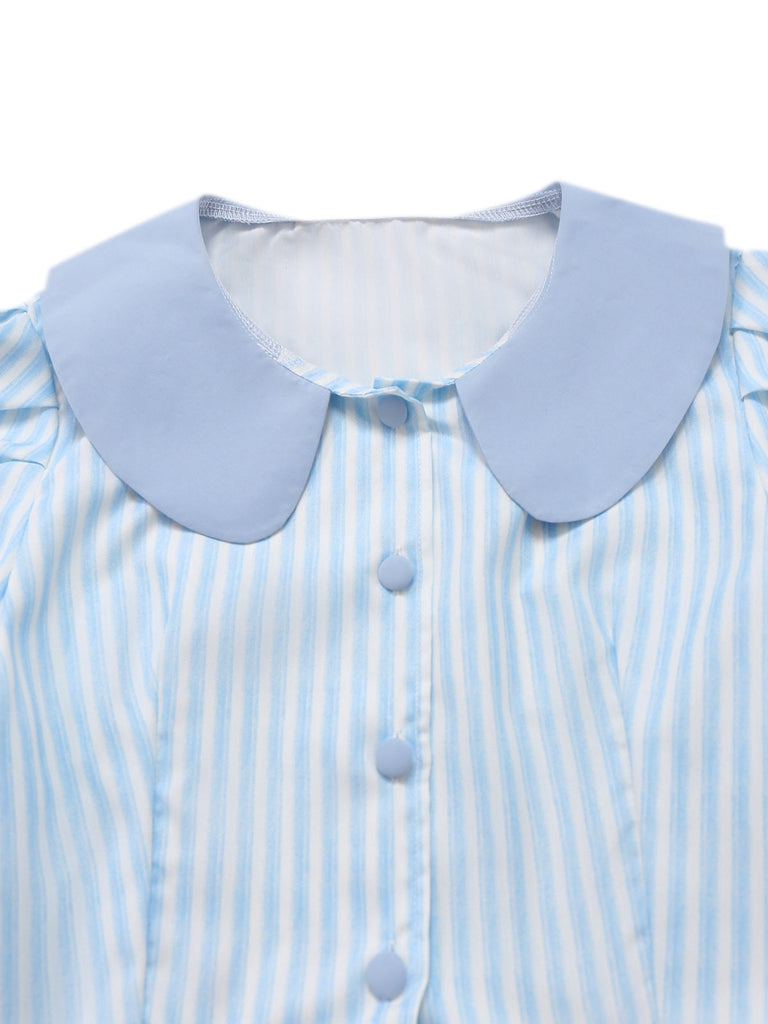 2PCS 1960er Vertikal Streifen Peter Pan Kragen Bluse & Rock