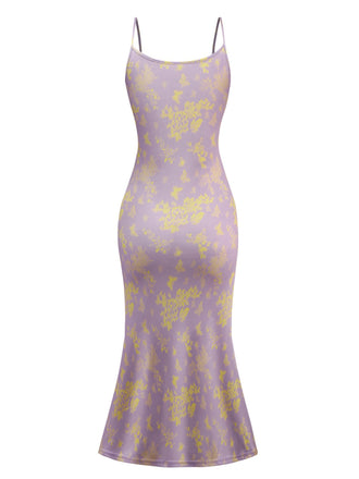 Lila 1930er Schmetterling Blumen Meerjungfrauen Slip Kleid