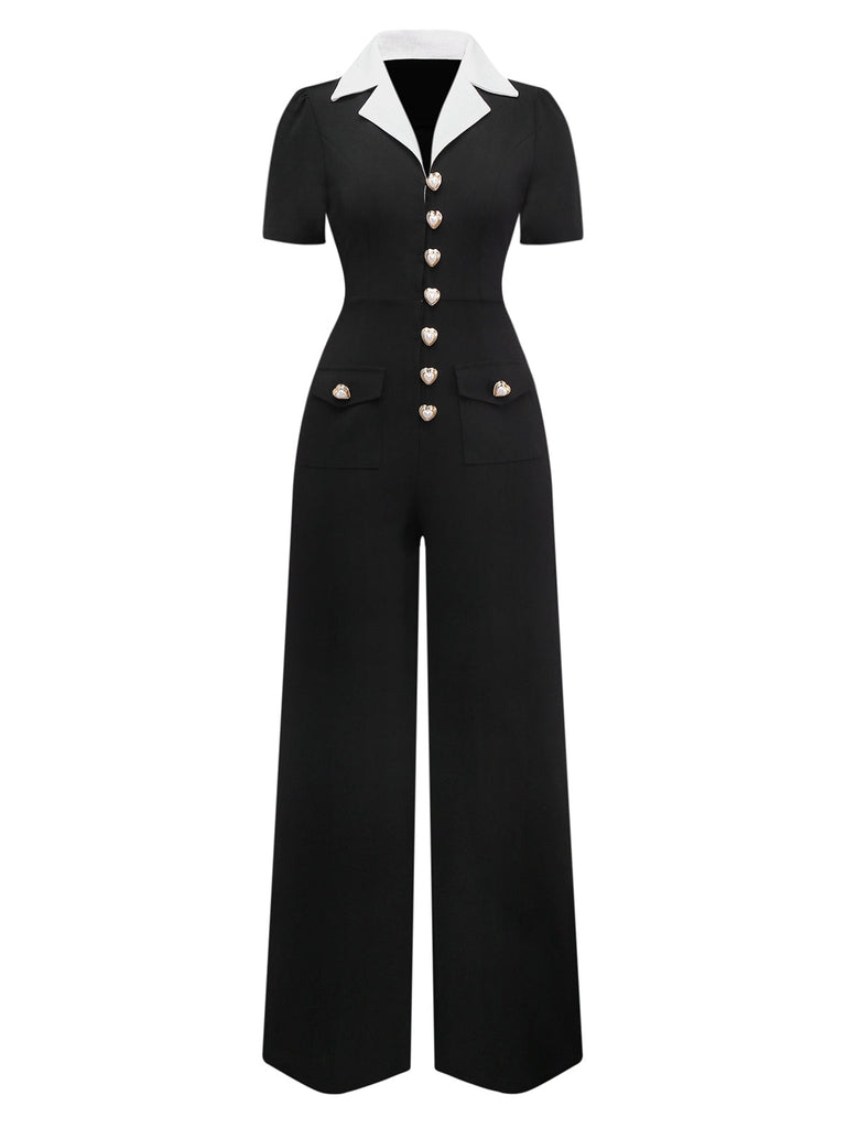 Schwarz & Weiß 1930er Kerbkragen Tastened Jumpsuit
