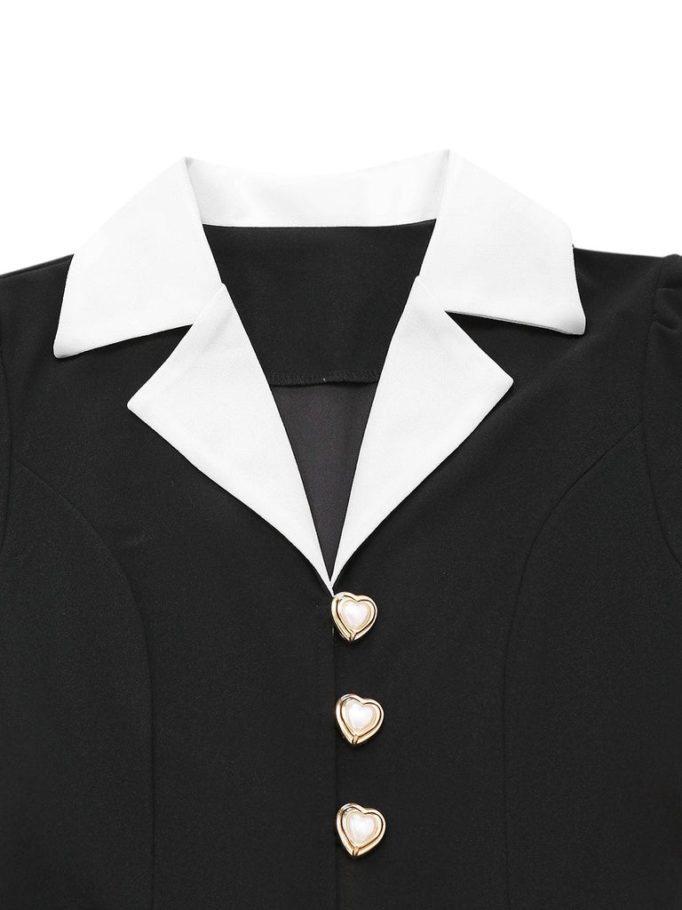 Schwarz & Weiß 1930er Kerbkragen Tastened Jumpsuit