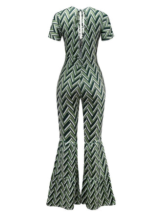 Grün 1970er Boho Tief V-Ausschnitt Ausgestelltes Bein Jumpsuit