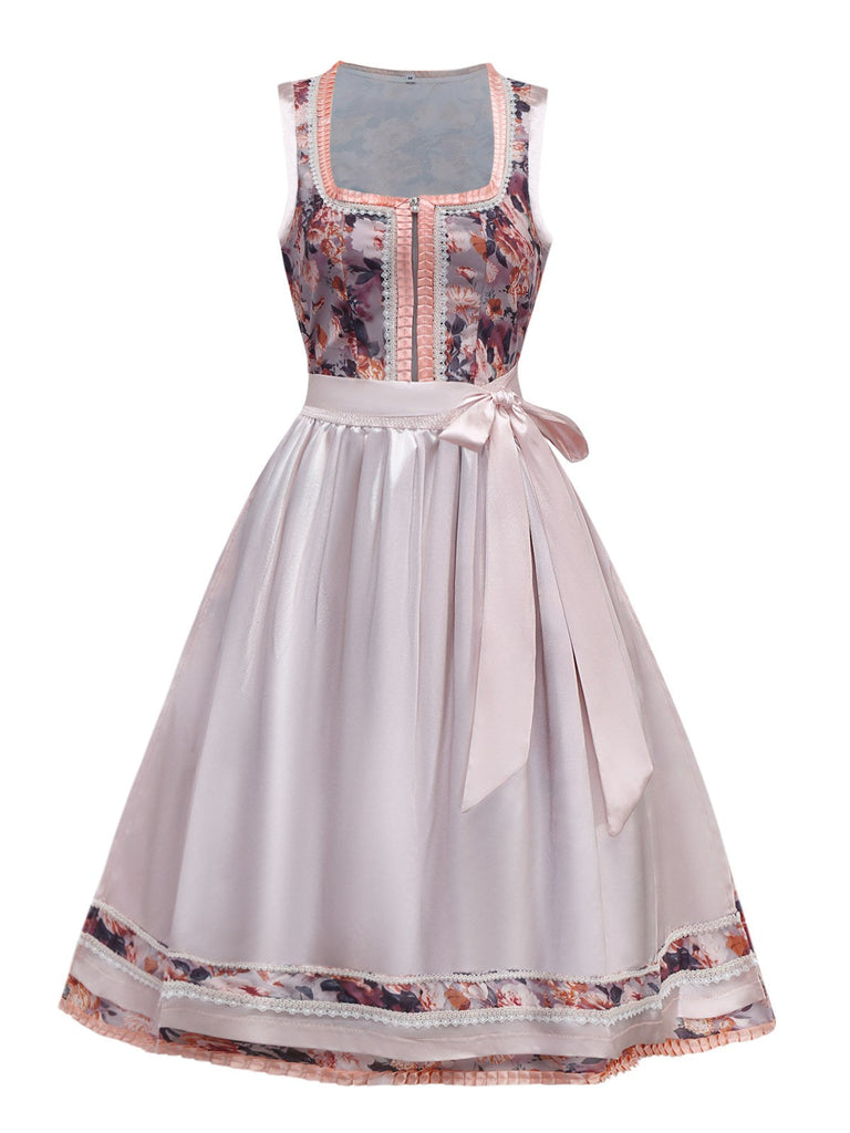 2PCS Multicolor 1950er Oktoberfest Dirndl Blumen Dirndl Kleid & Schürze