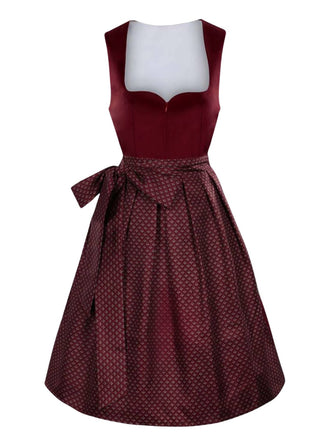 2PCS Weinrot 1950er Oktoberfest Dirndl Blumen Samt Kleid & Schürze