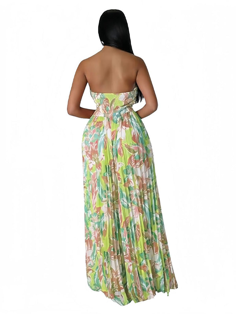 Grün 1960er Blumen Trägerlos Hohl Twist Plissiertes Jumpsuit