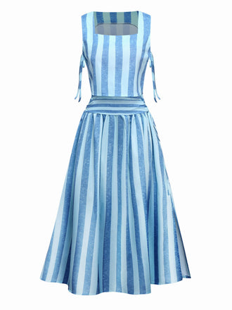 2PCS Blau 1950er Streifen Quadratischer Hals Top & Gerüschtes Rock