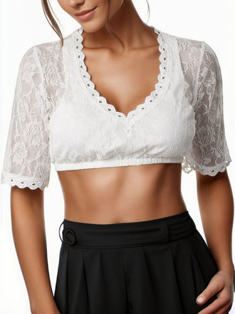 Weiß 1950er Oktoberfest Blumen Spitze V-Ausschnitt Crop Top