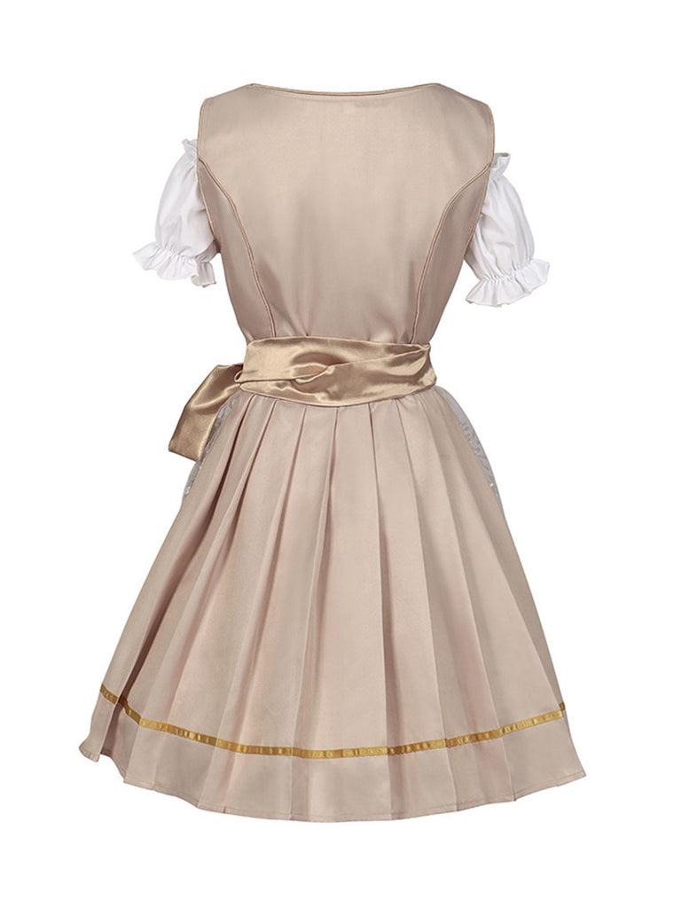 3PCS Sekt 1950er Oktoberfest Dirndl Puffärmel Top & Blumen Bogen Kleid