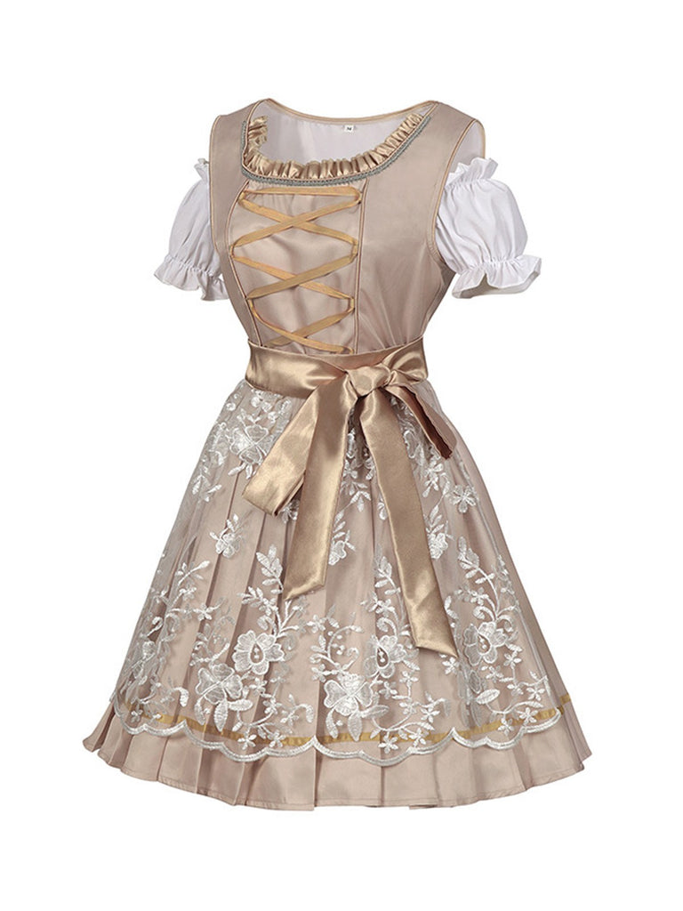 3PCS Sekt 1950er Oktoberfest Dirndl Puffärmel Top & Blumen Bogen Kleid