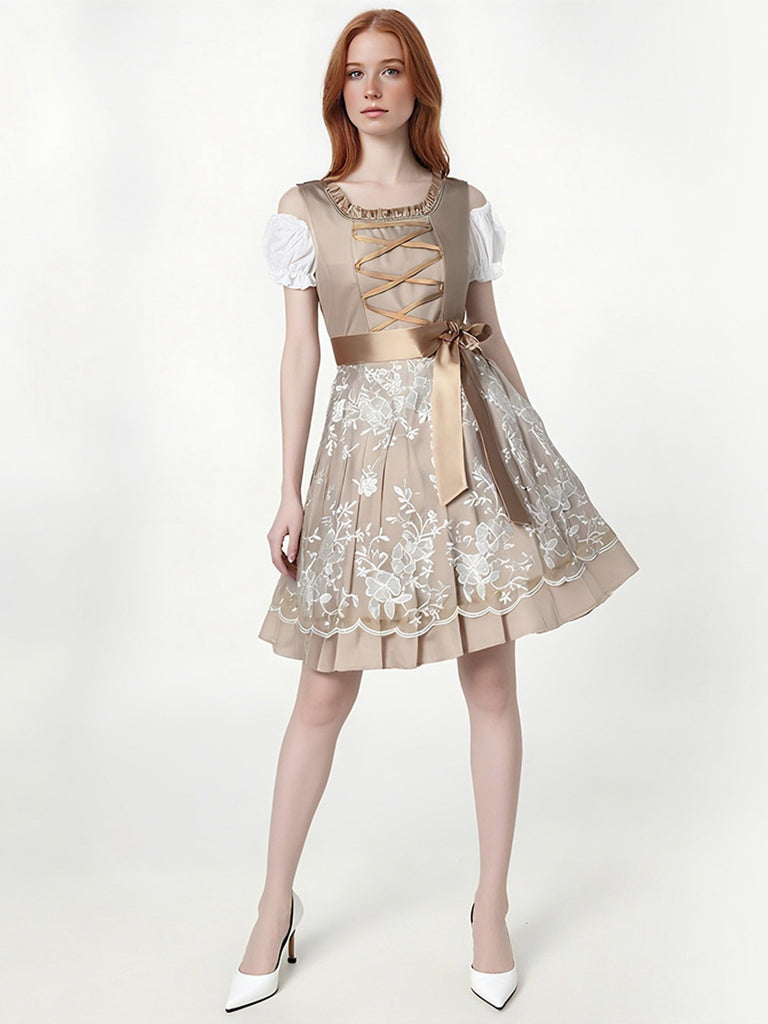 3PCS Sekt 1950er Oktoberfest Dirndl Puffärmel Top & Blumen Bogen Kleid
