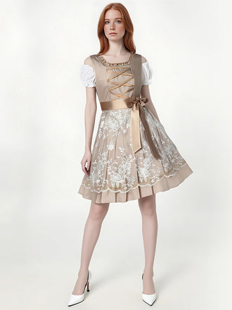 3PCS Sekt 1950er Oktoberfest Dirndl Puffärmel Top & Blumen Bogen Kleid