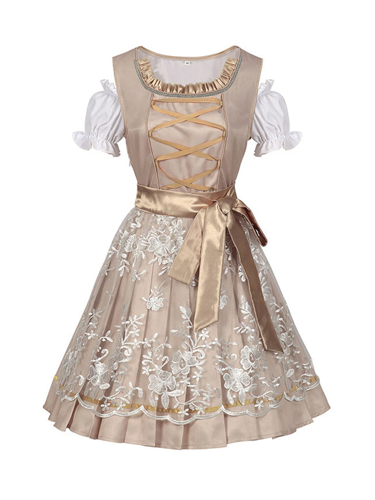 3PCS Sekt 1950er Oktoberfest Dirndl Puffärmel Top & Blumen Bogen Kleid