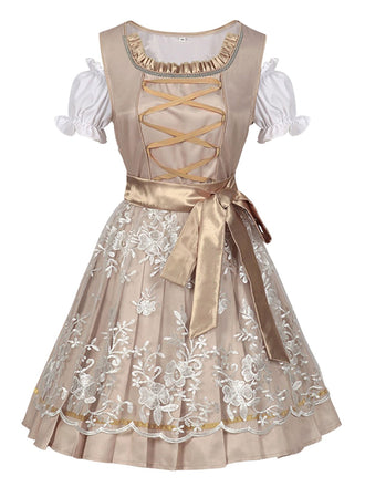 3PCS Sekt 1950er Oktoberfest Dirndl Puffärmel Top & Blumen Bogen Kleid