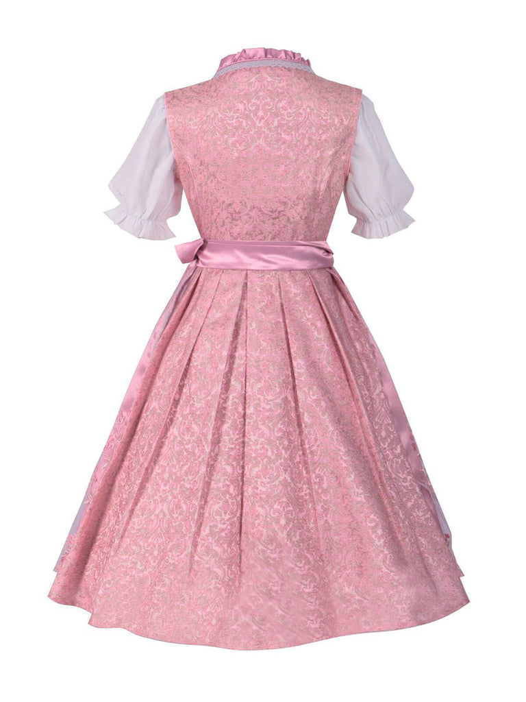 3PCS Rosa 1950er Oktoberfest Dirndl Puffärmel Top & Besticktes Schnürung Kleid