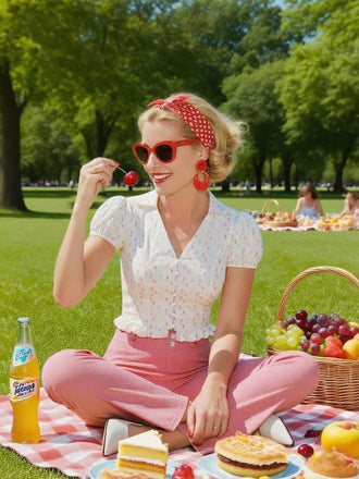 2PCS Rosa 1950er Tulip Bluse & Rose Tasten Hosen