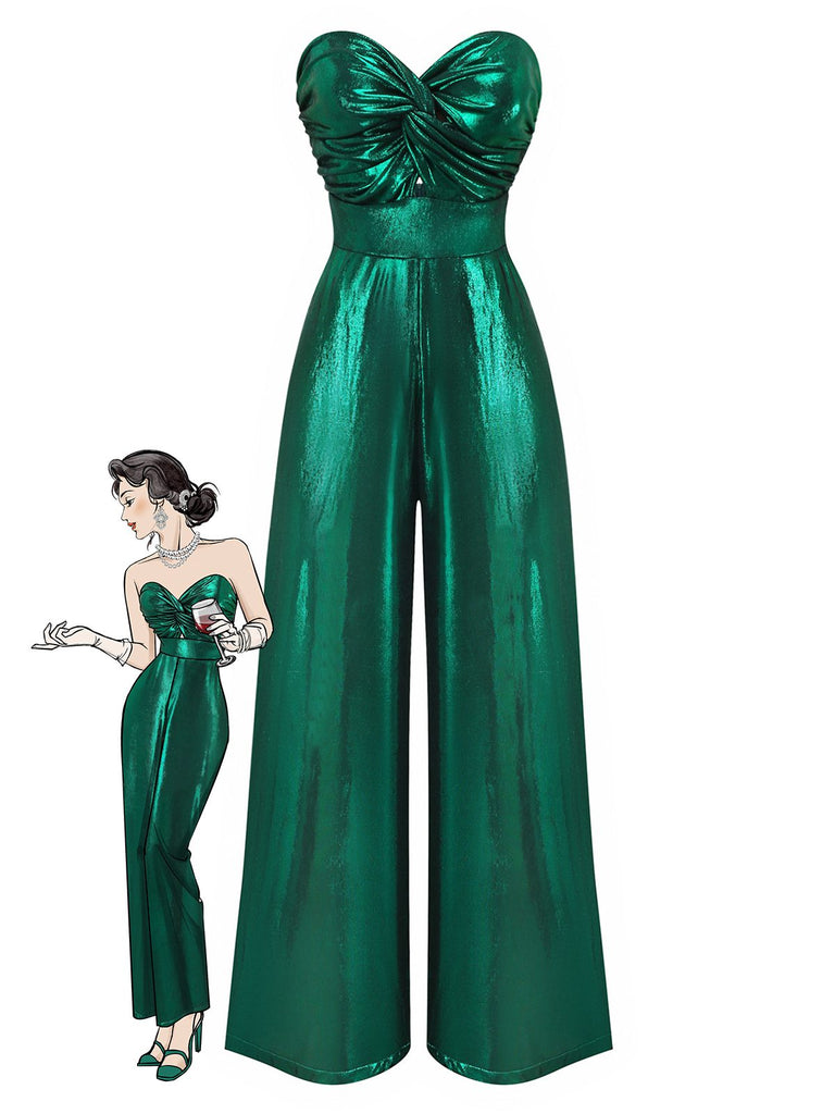 [Vorverkauf] Grün 1970er Geknotetes Hollow Glänzend Jumpsuit