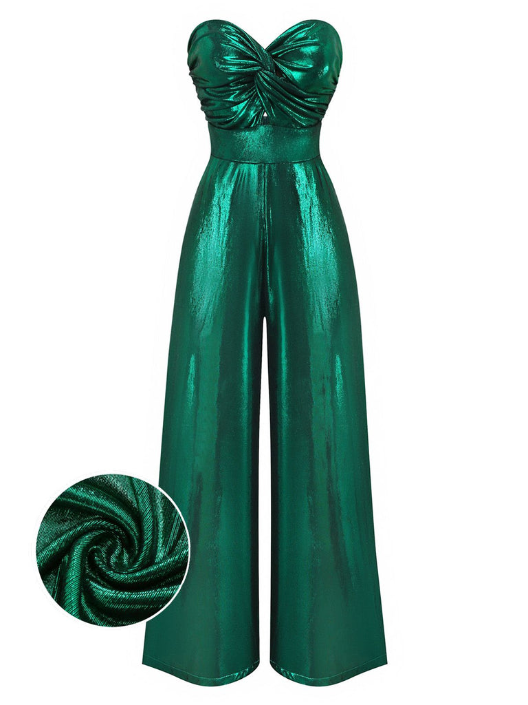 [Vorverkauf] Grün 1970er Geknotetes Hollow Glänzend Jumpsuit