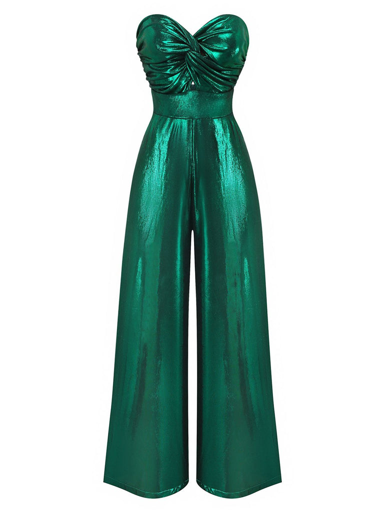 [Vorverkauf] Grün 1970er Geknotetes Hollow Glänzend Jumpsuit