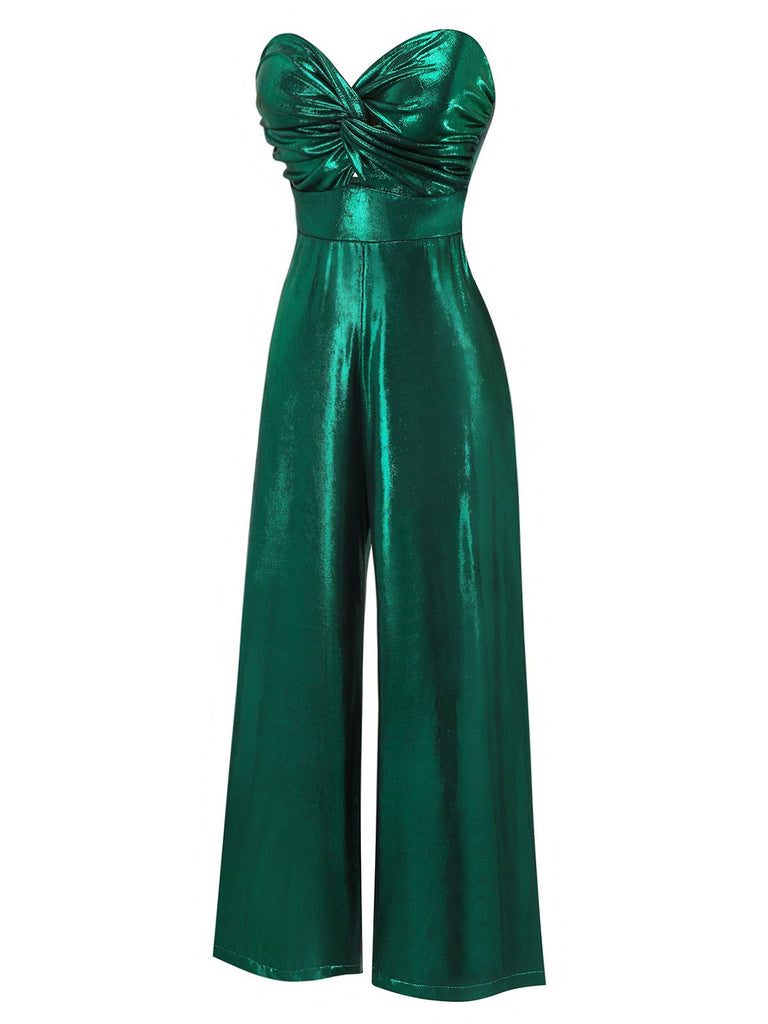 [Vorverkauf] Grün 1970er Geknotetes Hollow Glänzend Jumpsuit